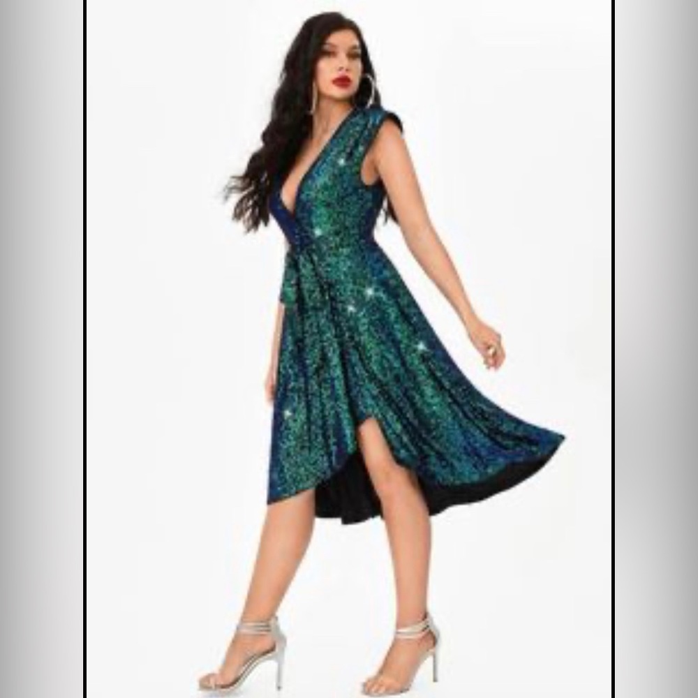 Plunging Neck Ruffle Hem Belted Sequin Dress